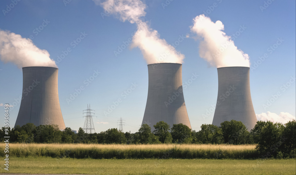 Three cooling towers emit steam into the air on a sunny day Three cooling towers emit steam into the air on a sunny day
