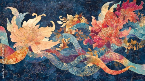 Abstract Floral Artwork with Golden Details