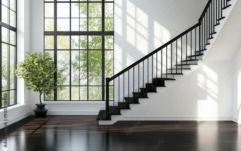 Obraz premium Black iron handrail, white walls, and a black wood floor in a modern house interior with a staircase. A large window on the side of the wall with a green tree outside. Created with AI