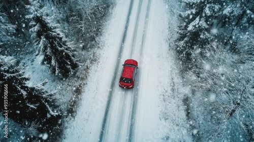 Red Car Driving Through a Snowy Forest photo