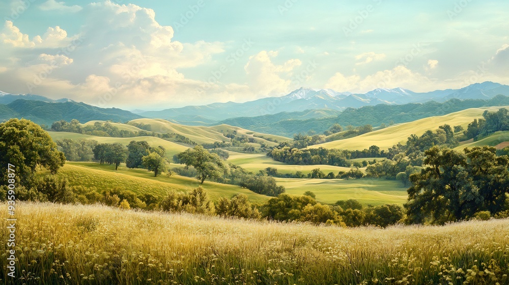 Fototapeta premium Rolling Hills and Distant Mountain Peaks