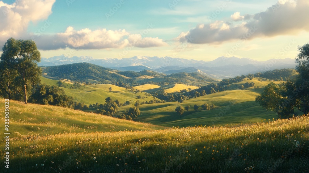 Scenic View of a Rolling Green Valley with Mountains in the Distance Scenic View of a Rolling Green Valley with Mountains in the Distance