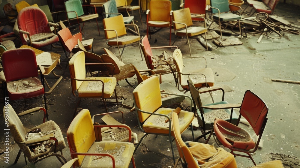 Numerous brightly colored chairs in disarray in a largely neglected room, evoking a sense of abandonment and forgotten memories. Numerous brightly colored chairs in disarray in a largely neglected room, evoking a sense of abandonment and forgotten memories.