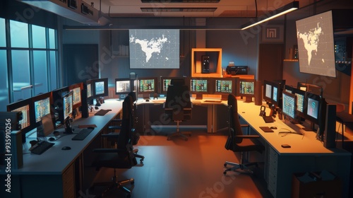 High-tech control room filled with multiple monitors, ambient lighting, and a map display, creating a futuristic and strategic environment.