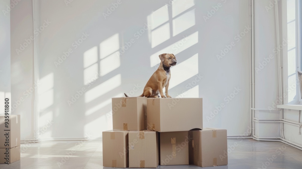 Fototapeta premium A brown dog sits proudly atop a pyramid of cardboard boxes in an empty room with bright sunlight streaming through the windows.