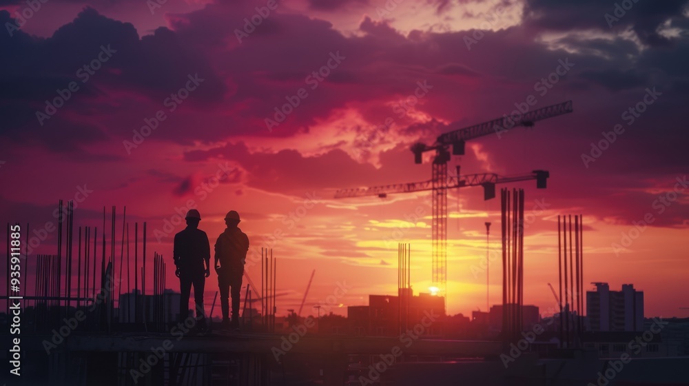 custom made wallpaper toronto digitalSilhouette of two construction workers against a vibrant sunset sky with cranes and cityscape in the background, capturing the essence of hard work and progress.