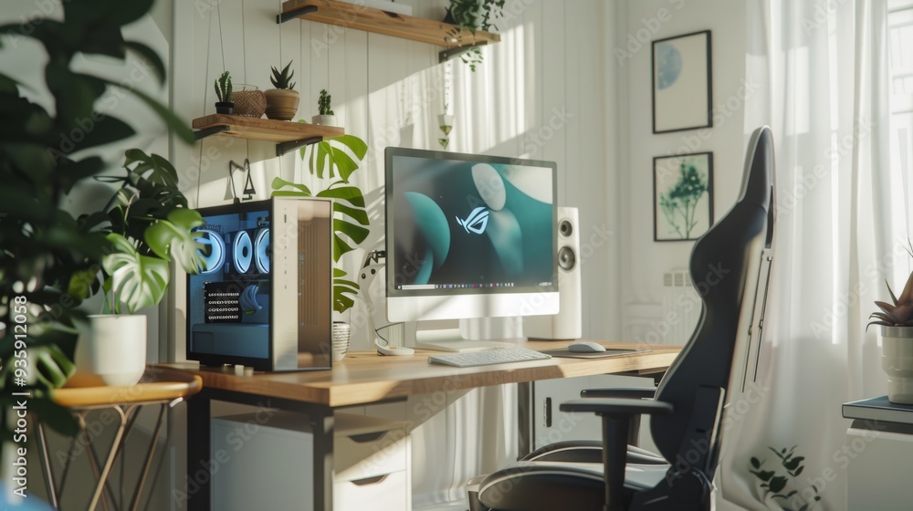 A modern home office setup with a sleek computer and several plants, bathed in natural light streaming through large windows. A modern home office setup with a sleek computer and several plants, bathed in natural light streaming through large windows.