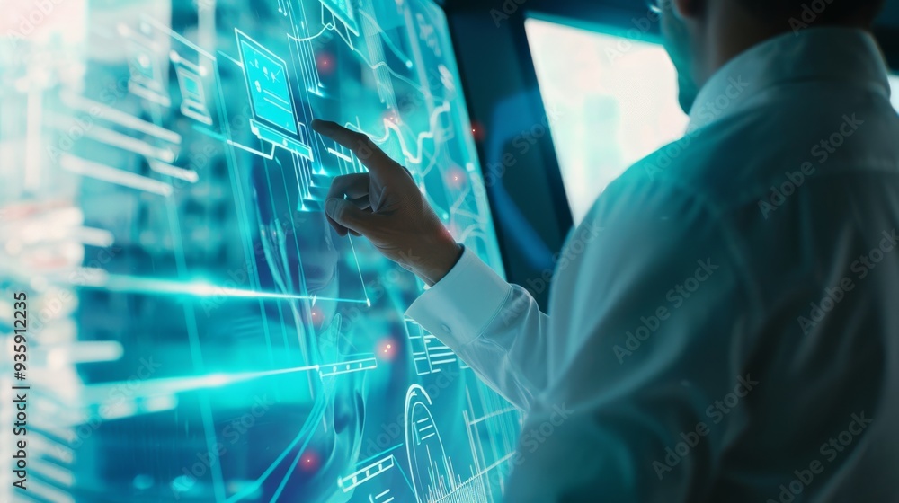 A person interacts with a futuristic interface, touching a holographic display filled with digital data and bright visuals, encapsulating technology and innovation. A person interacts with a futuristic interface, touching a holographic display filled with digital data and bright visuals, encapsulating technology and innovation.