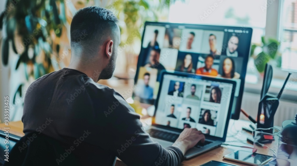 A man works from home, participating in a virtual meeting, with colleagues' video thumbnails displayed on his laptop screen and a large monitor in the background. A man works from home, participating in a virtual meeting, with colleagues' video thumbnails displayed on his laptop screen and a large monitor in the background.