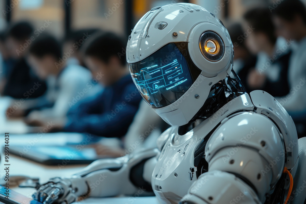A humanoid robot is in a lecture hall full of students and schoolchildren and helps the teacher conduct lessons. A humanoid robot is in a lecture hall full of students and schoolchildren and helps the teacher conduct lessons.