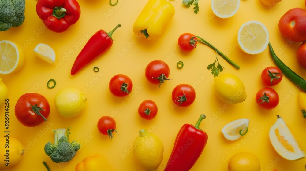 A vibrant assortment of fresh vegetables and fruits arranged on a bright yellow backdrop, creating a lively and colorful display of healthy produce. A vibrant assortment of fresh vegetables and fruits arranged on a bright yellow backdrop, creating a lively and colorful display of healthy produce.