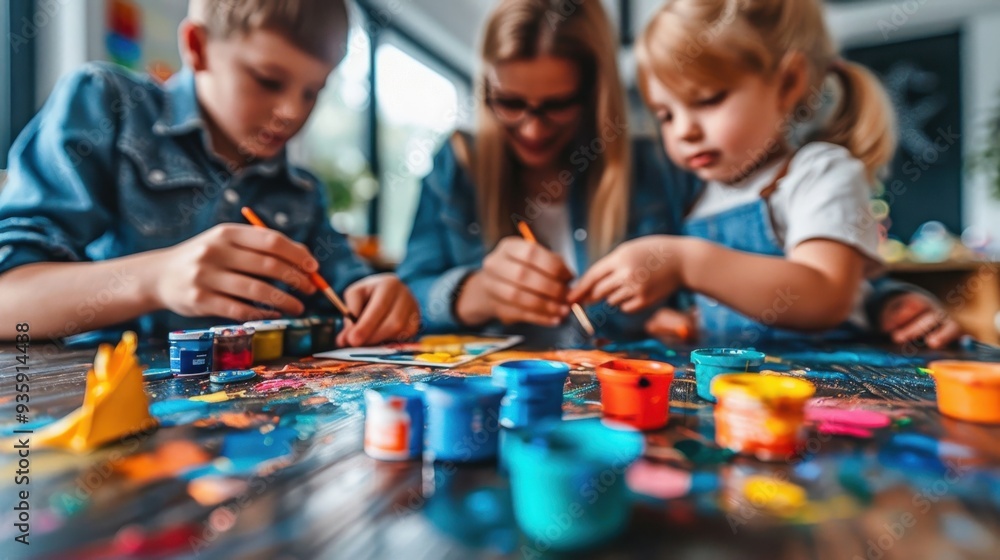 Family Craft Day: The dining table is a canvas of glue, scissors, paint, and paper as the family crafts together, creating art and showcasing their collective creativity.
