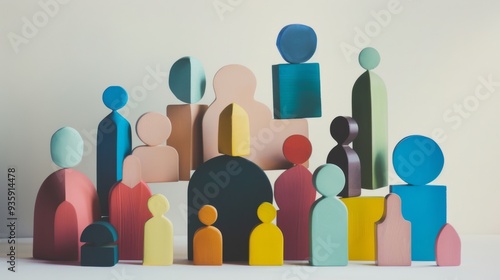 A collection of multicolored wooden figurines in varying shapes and sizes stands together in an artistic arrangement.