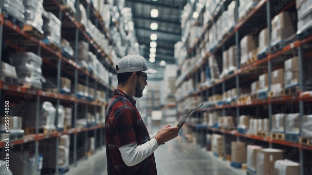 A man in a cap reviews inventory while standing in a large, well-organized warehouse, surrounded by rows of stocked shelves. A man in a cap reviews inventory while standing in a large, well-organized warehouse, surrounded by rows of stocked shelves.