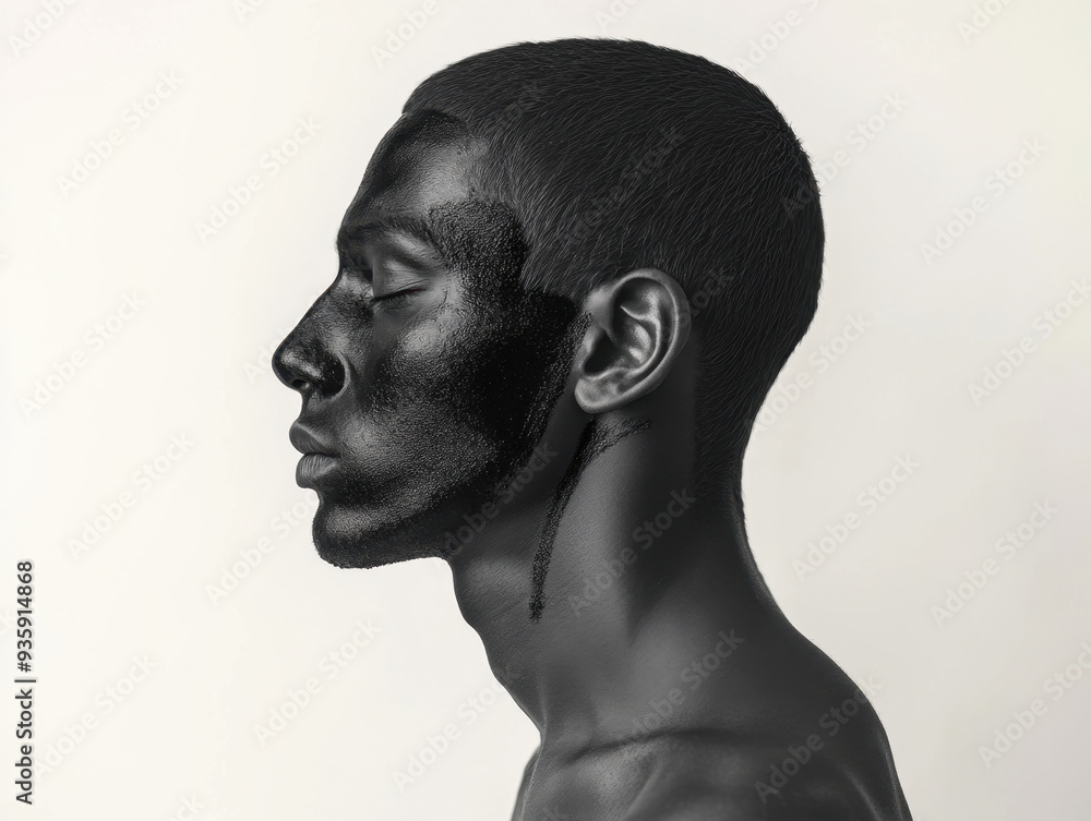 Modern portrait of man to profile with black paint on his face. Concept of inclusivity, and stop discrimination Modern portrait of man to profile with black paint on his face. Concept of inclusivity, and stop discrimination