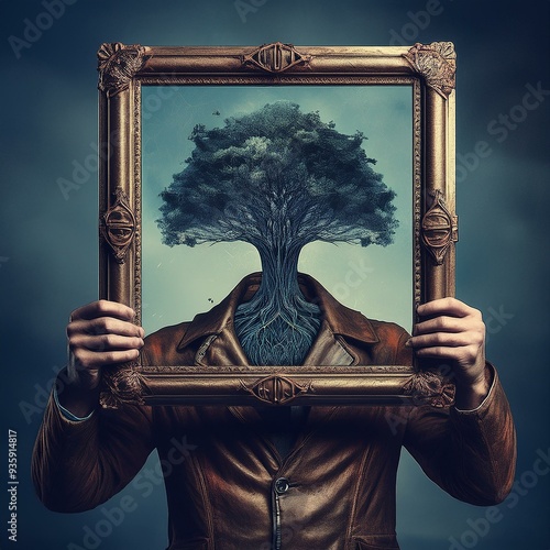 Person, die einen Rahmen über ihr Gesicht hält, mit einem Bild eines Baumes im Rahmen