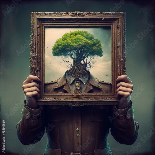 Person, die einen Rahmen über ihr Gesicht hält, mit einem Bild eines Baumes im Rahmen