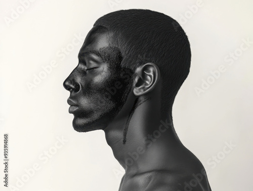 Modern portrait of man to profile with black paint on his face. Concept of inclusivity, and stop discrimination photo