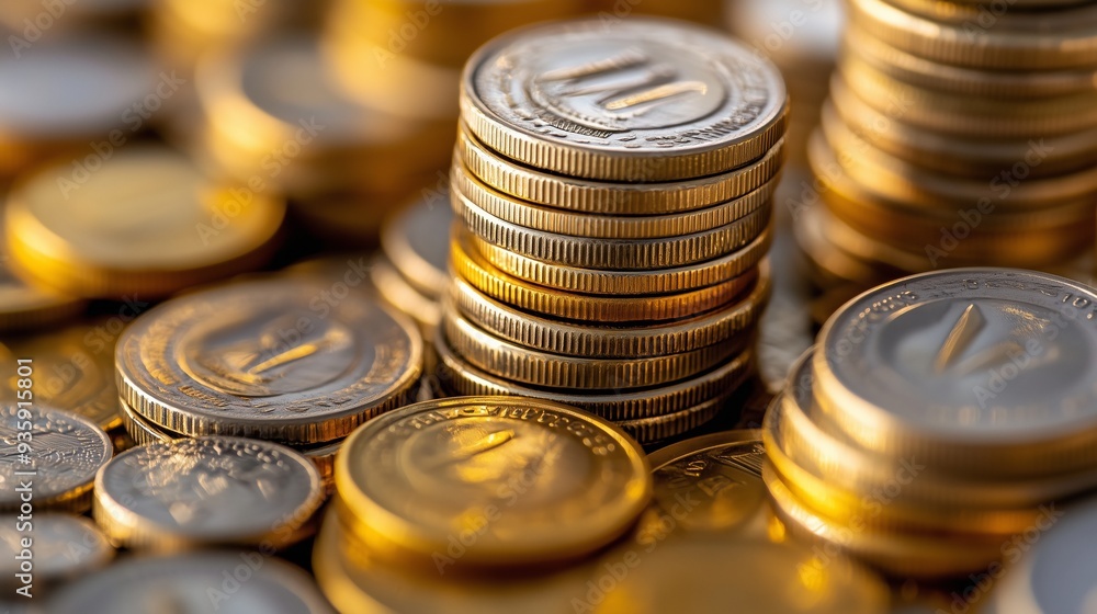 Close-up of stacks of coins, gold and silver currency.