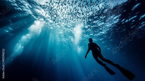 Silhouetted Diver in a School of Fish