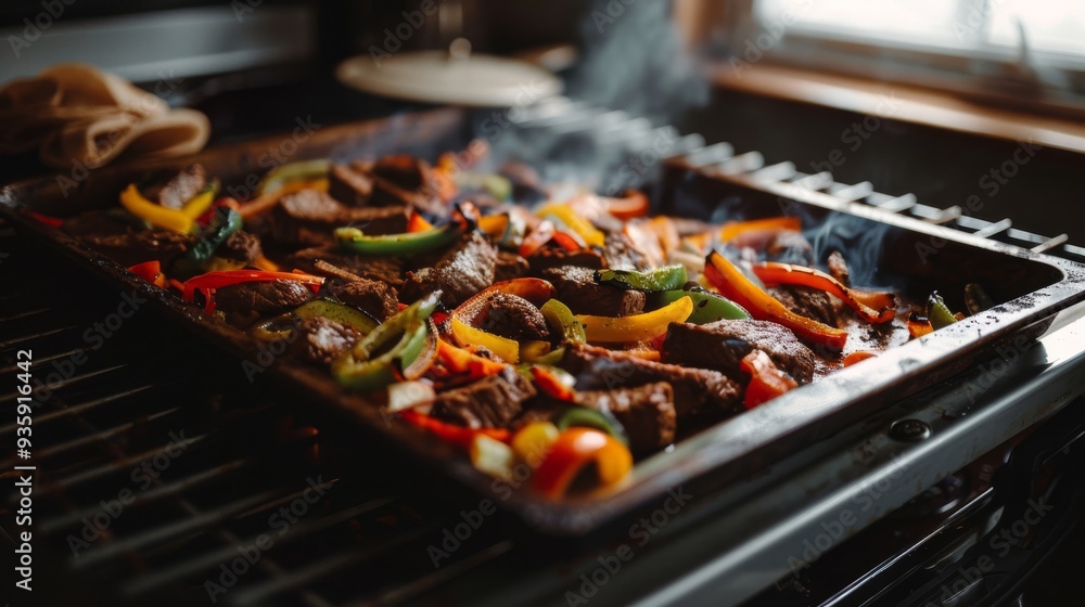 A sizzling tray of colorful roasted vegetables and meat straight from the oven, releasing aromatic steam in a cozy kitchen setting. A sizzling tray of colorful roasted vegetables and meat straight from the oven, releasing aromatic steam in a cozy kitchen setting.