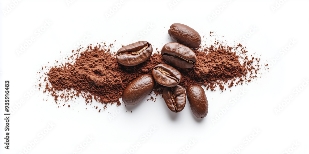 Naklejka premium Chicchi di caffè con caffè macinato su sfondo bianco. 