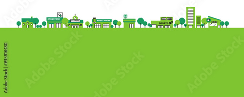 ドラッグストア、駅、高層マンションなど、シンプルでかわいい街並みのイラスト素材