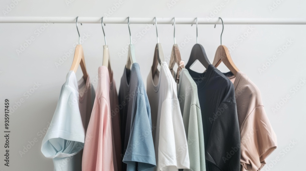 An arrangement of shirts in various shades, from pastel to bold, neatly hung on wooden and metal hangers against a plain white background emphasizing simplicity and style. An arrangement of shirts in various shades, from pastel to bold, neatly hung on wooden and metal hangers against a plain white background emphasizing simplicity and style.