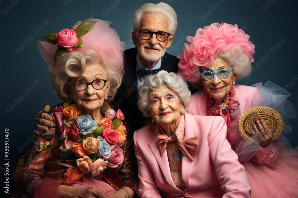 Elderly group in vibrant attire with floral decorations on dark background. Elderly group in vibrant attire with floral decorations on dark background.