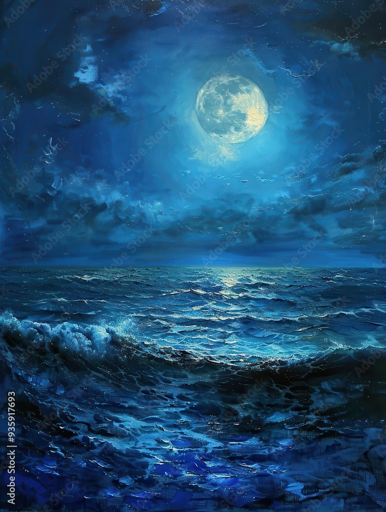 Moonlight over the Ocean: Romantic Night Scene with Blue Illumination Moonlight over the Ocean: Romantic Night Scene with Blue Illumination