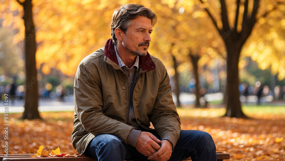 Man sitting on a bench in a park during autumn Man sitting on a bench in a park during autumn
