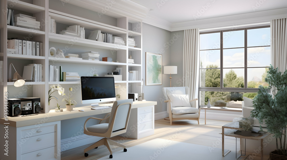 Fototapeta premium A well-designed home office featuring smart climate control and lighting,