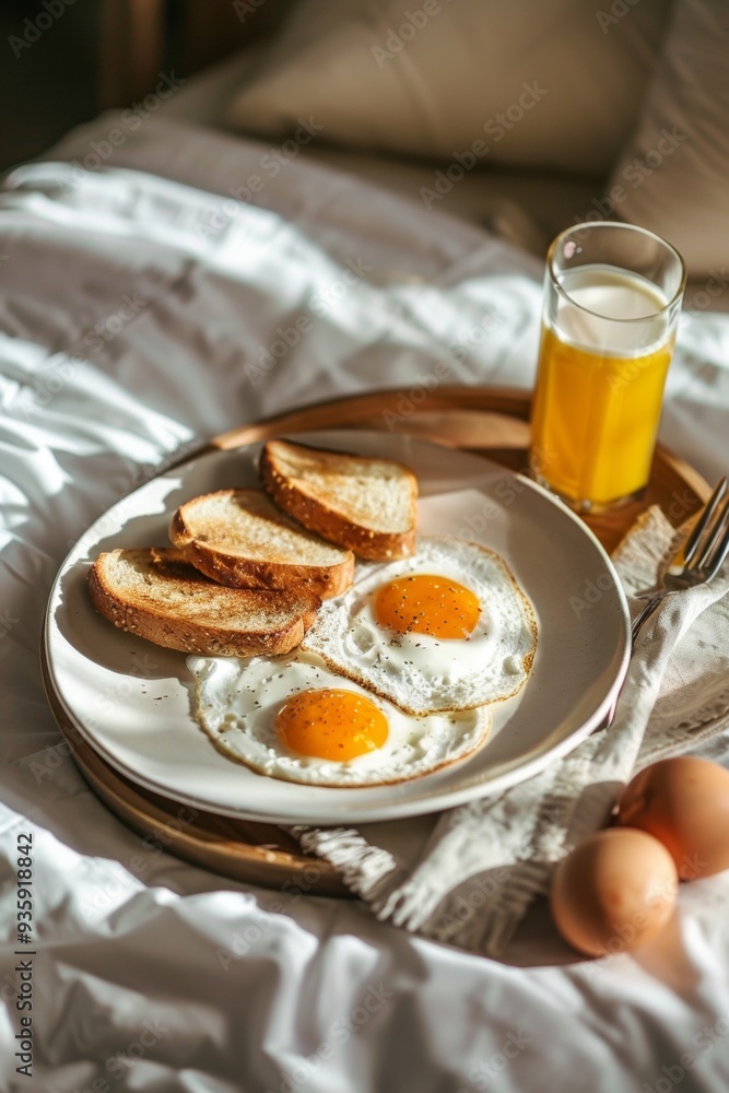 Delicious breakfast in bed with sunny side up eggs, toasted bread, and fresh juice on a cozy morning Delicious breakfast in bed with sunny side up eggs, toasted bread, and fresh juice on a cozy morning
