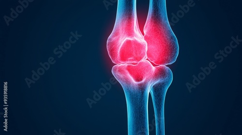 Illustration of a human knee joint highlighting pain with a red glow, showcasing anatomy and injury concepts for medical use.