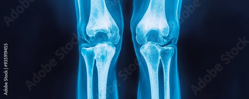 X-ray image of human knees showing joint structure and alignment, useful for medical analysis and educational purposes.