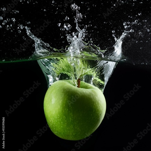 Ein grüner Apfel, der ins Wasser fällt, was ein hyperrealistisches Platschen verursacht und Blasen und Luftblasen erzeugt, Tropfen, die auf schwarzem Hintergrund spritzen