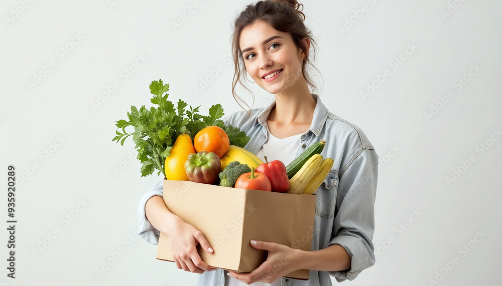 Young woman holding a cardboard box full of fresh vegetables and smiling Young woman holding a cardboard box full of fresh vegetables and smiling