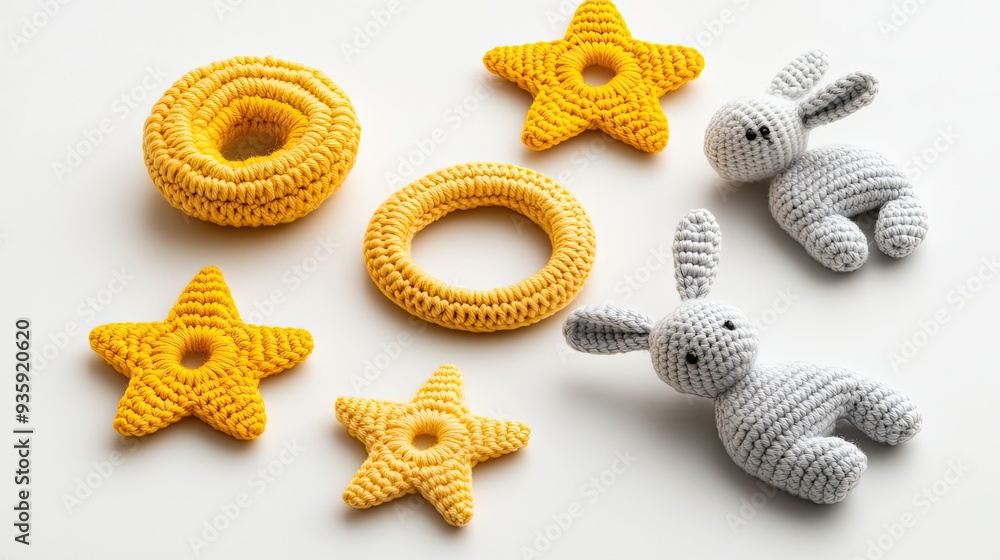 A delightful arrangement of wooden teether rings shaped like stars alongside crocheted bunnies in pastel colors, showcasing a minimalist design perfect for babies A delightful arrangement of wooden teether rings shaped like stars alongside crocheted bunnies in pastel colors, showcasing a minimalist design perfect for babies
