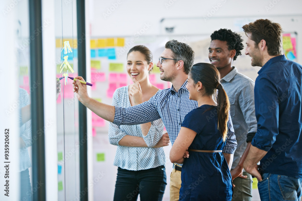 © ArcursForPI/peopleimages.com - Discussion, glass wall and team of business people in office planning creative strategy for brand management. Meeting, ideas and group of public relations specialists by board for project at startup.