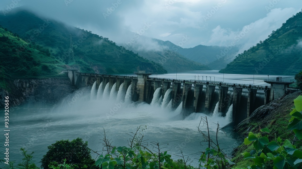 A scenic view of a dam with a powerful water flow, set against rolling green hills and enveloped in mist, creating a dramatic, calming atmosphere.