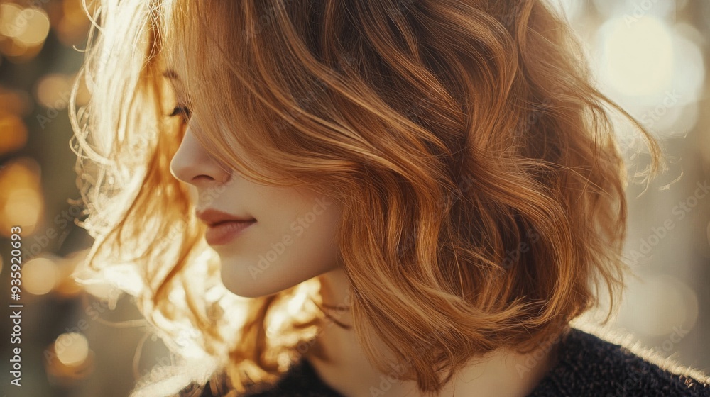 Naklejka premium A young woman with wavy reddish hair stands in a sunlit forest, gazing thoughtfully into the distance, surrounded by a warm autumn atmosphere.