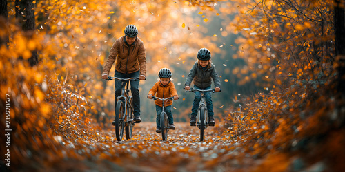 Young family out cycling forest trails in autumn with golden leaves falling from the trees and bright sunlight