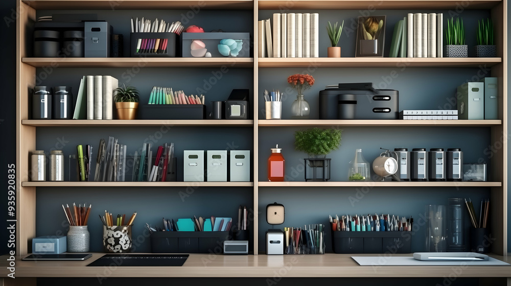 A well-organized office shelf with various stationery supplies, A well-organized office shelf with various stationery supplies,