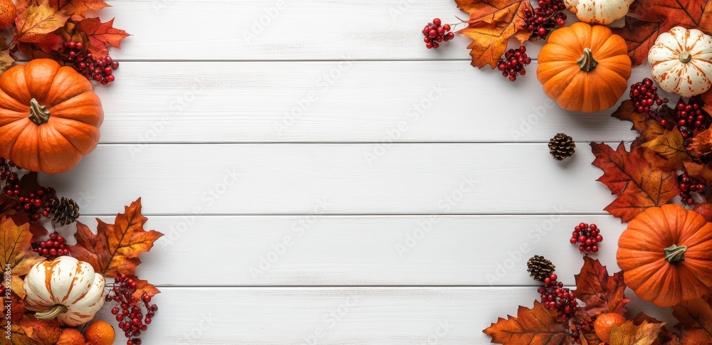 Background of white wood with autumn decorations, pumpkins, berries and colorful leaves on the right side. Concept design for a fall season banner or greeting card template mock-up with copy space. Background of white wood with autumn decorations, pumpkins, berries and colorful leaves on the right side. Concept design for a fall season banner or greeting card template mock-up with copy space.