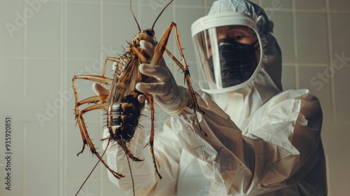 A researcher in full protective gear closely examines a large insect in a secure lab, highlighting the meticulous nature of scientific study and biosecurity.