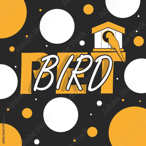 National Pet Bird Day event animal banner. Bold text with bird house, a bird and dots decoration on black background to celebrate on September 17th