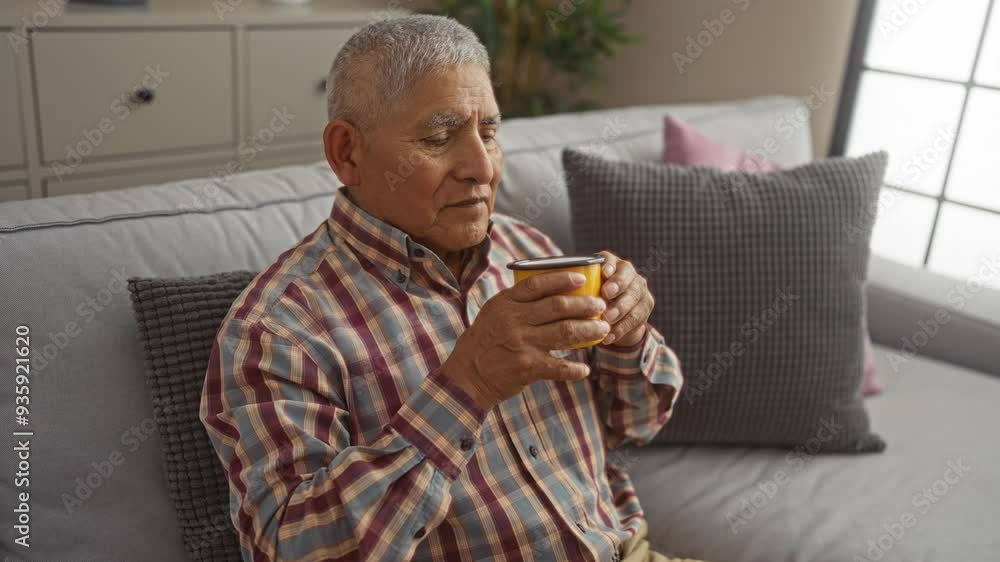 Grey-haired, middle-aged hispanic man in a plaid shirt holding a yellow cup while sitting indoors on a couch in a cozy living room. Grey-haired, middle-aged hispanic man in a plaid shirt holding a yellow cup while sitting indoors on a couch in a cozy living room.