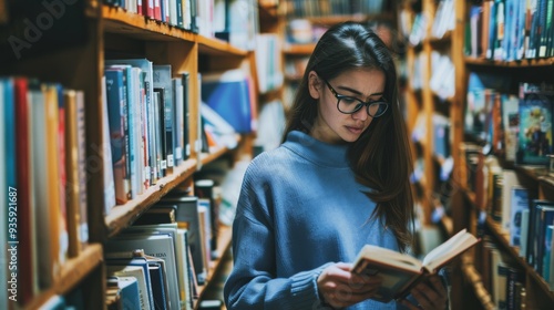 Wallpaper Mural A young woman engrossed in a book, standing in a cozy, book-filled library aisle, radiating tranquility and intellectual curiosity. Torontodigital.ca