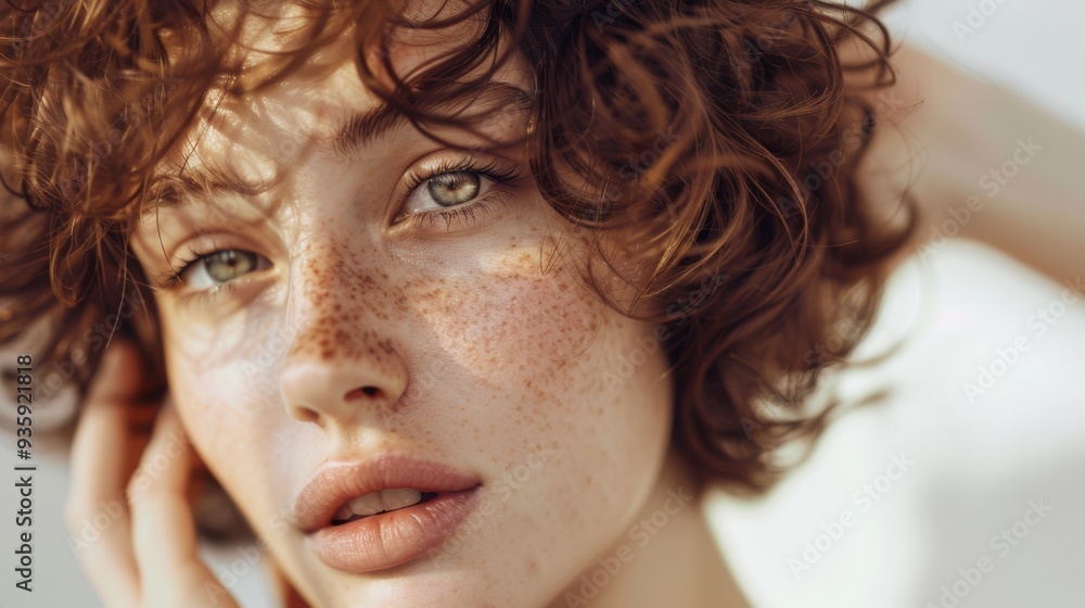 A close-up portrait of a woman with curly hair and freckles, looking intently at the camera in soft, natural light. A close-up portrait of a woman with curly hair and freckles, looking intently at the camera in soft, natural light.