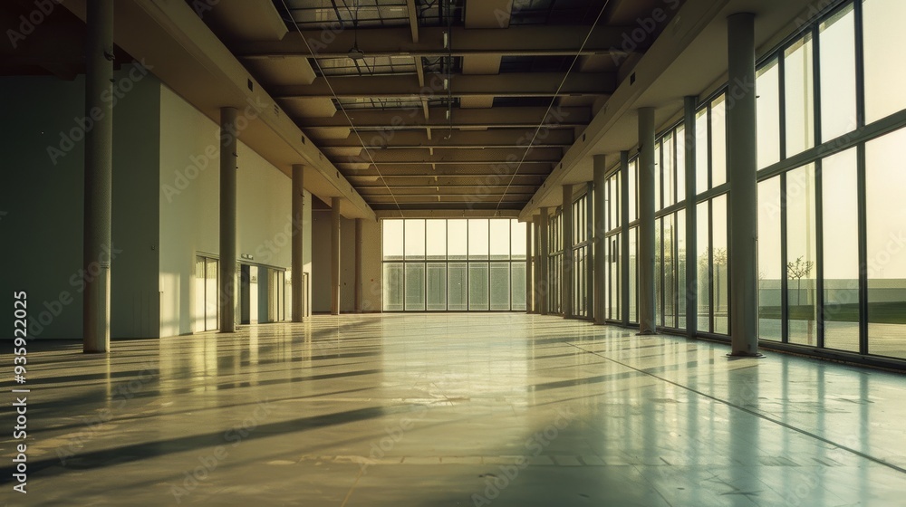 An expansive, empty warehouse with high ceilings and tall windows, illuminated by streams of natural light. An expansive, empty warehouse with high ceilings and tall windows, illuminated by streams of natural light.
